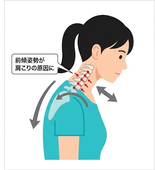 前傾姿勢が肩こりの原因になる仕組みを示すイラスト