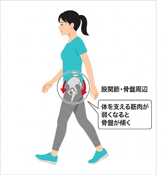 歩き方と股関節の負担を示すイラスト(骨盤の傾きと体を支える筋肉)