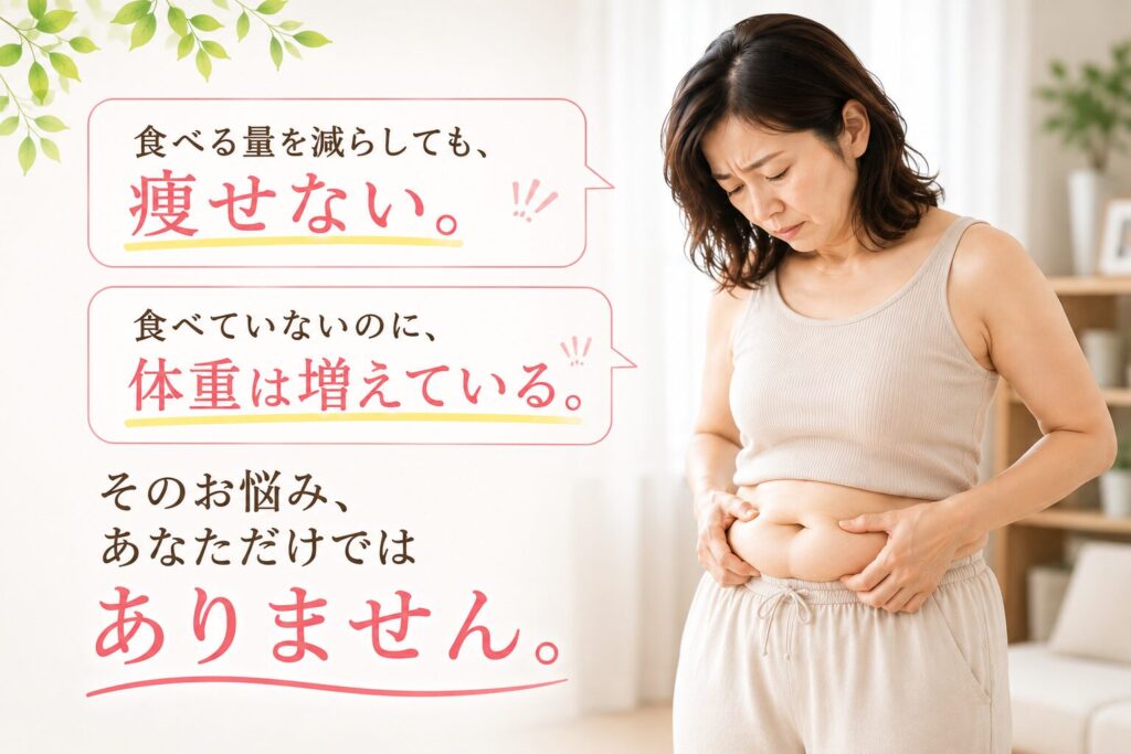 食べる量を減らしても痩せない、食べていないのに体重が増えるという悩みを抱える女性のイメージ