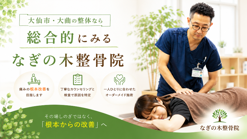 大仙市・大曲の整体なら総合的にみるなぎの木整骨院。痛みの根本改善を目指し、丁寧なカウンセリングとオーダーメイド施術を行います