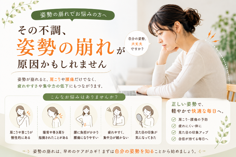 パソコン作業中に肩に手を当てて痛みを訴える女性の写真とともに、姿勢の崩れでお悩みの方へ向けたLPのメイン画像