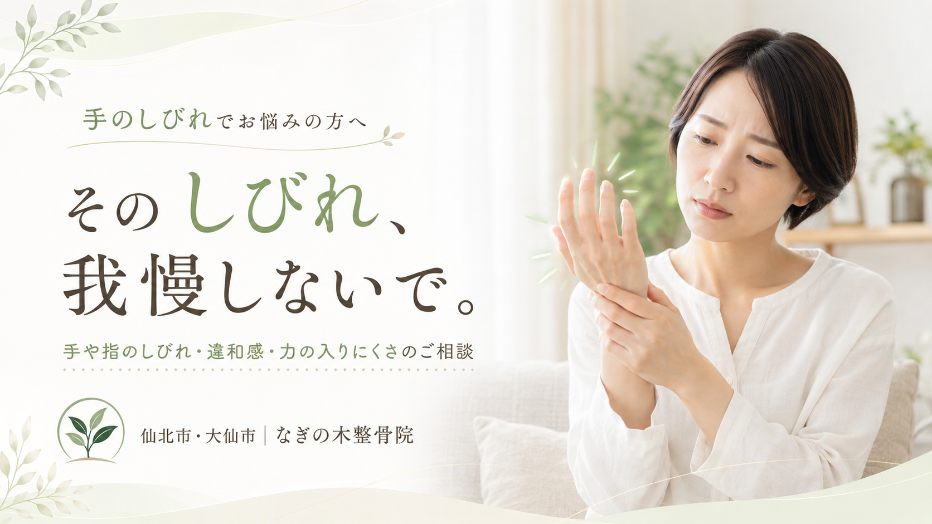 自分の手首を押さえる女性の写真とともに、手のしびれでお悩みの方へ向けたLPのメイン画像