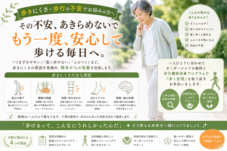 屋外を歩く高齢女性の写真とともに、歩きにくさ・歩行の不安でお悩みの方へ向けたLPのメイン画像