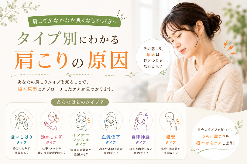 肩に手を当てて痛みを訴える女性の写真と6つの肩こりタイプ（食いしばり・動かしすぎ・インナーマッスル・血流低下・自律神経・姿勢）のアイコンを示すLPのメイン画像
