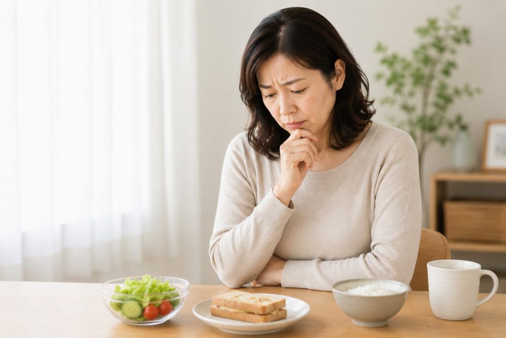 食事を前に食べても痩せないことに悩む女性のイメージ