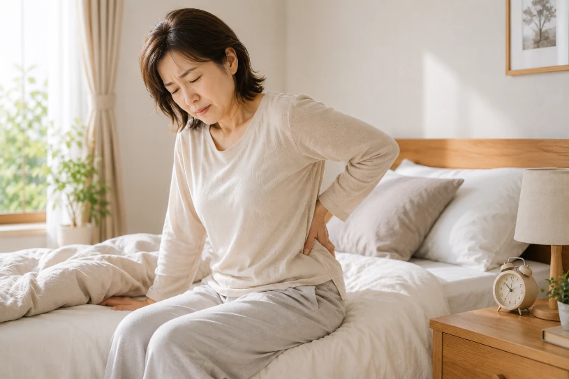 朝起きたときに腰のつらさを感じている様子