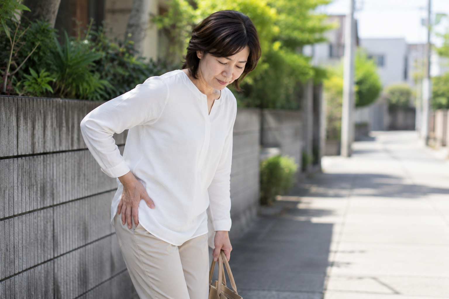 股関節に手を当てながら歩く女性の写真